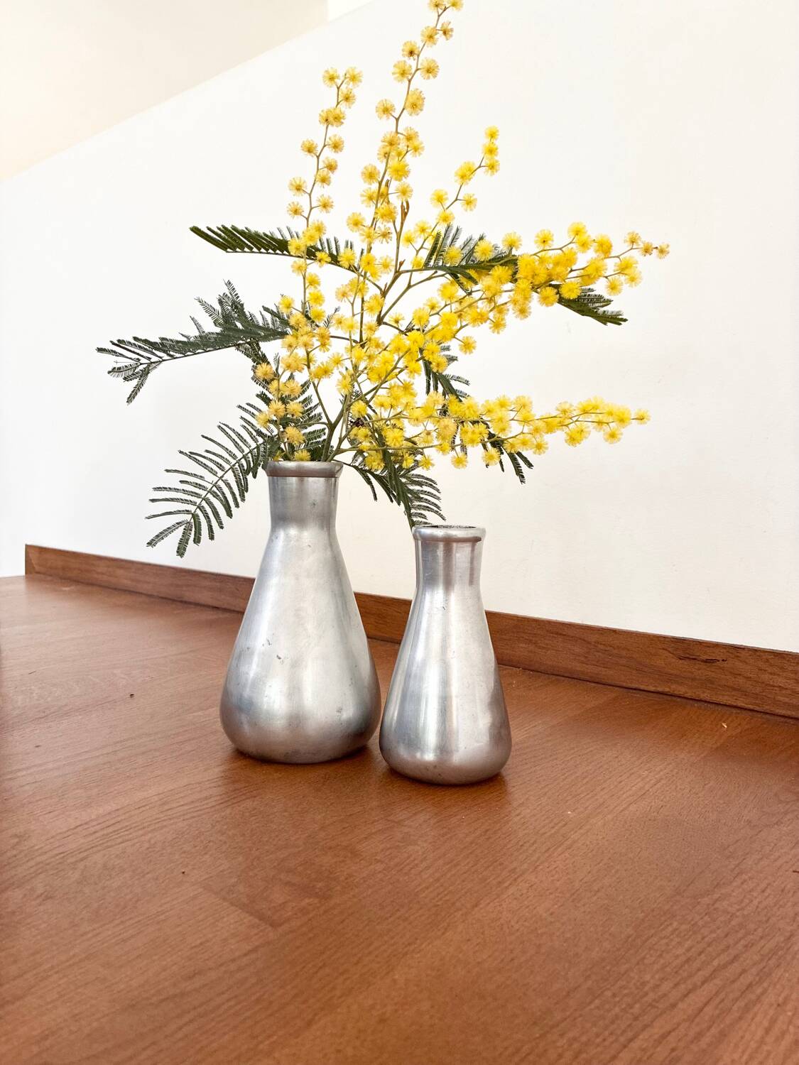 Vintage pair of chrome vases from the 1970s.