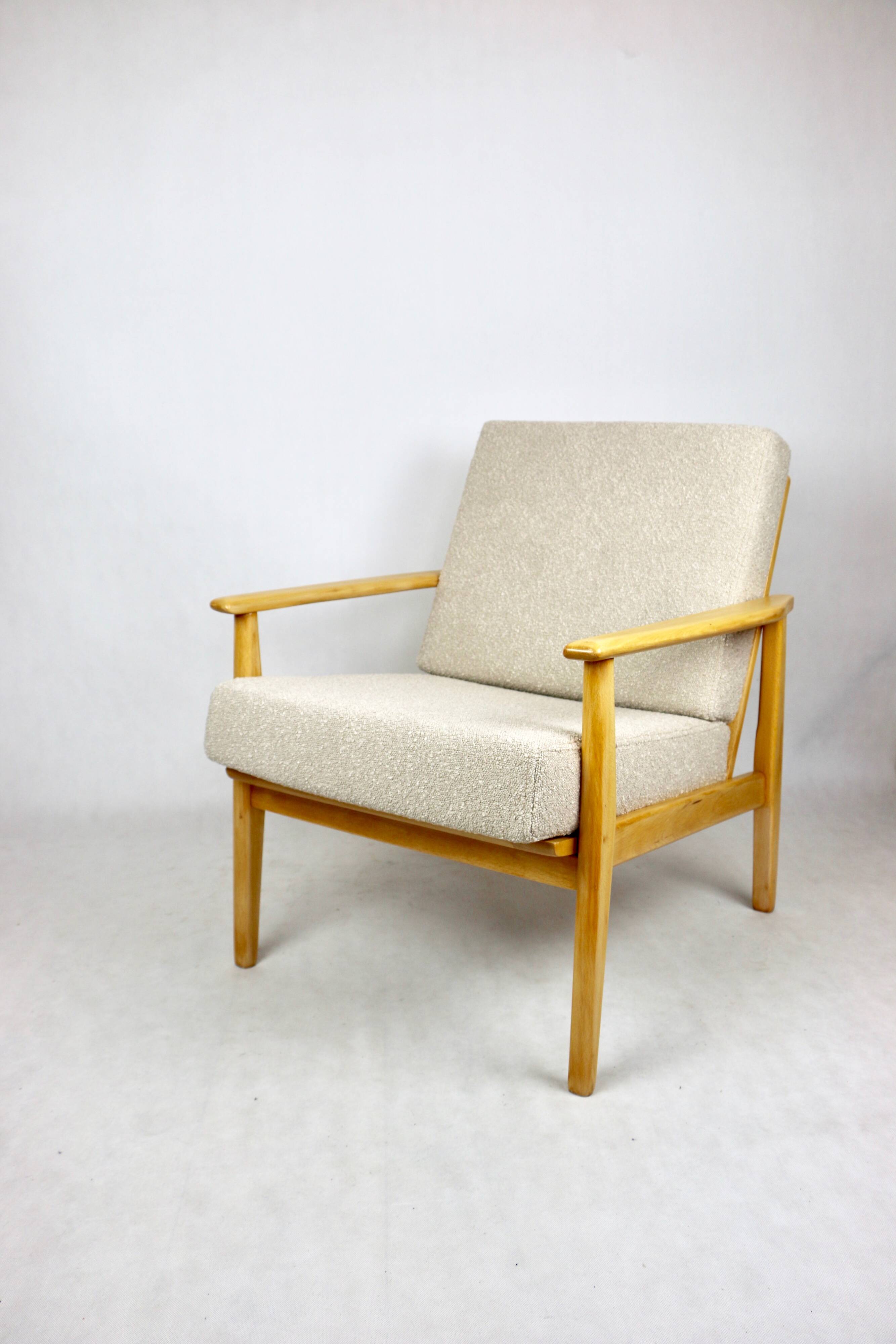 Vintage Danish armchair, 1970s, beige boucle - light wood - 2 pieces available