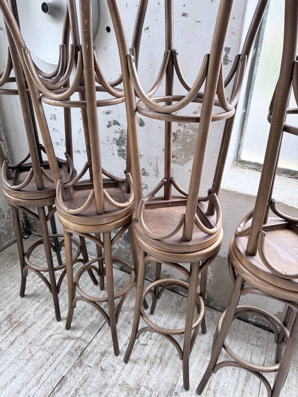 Set of 8 Baumann bistro bar stools.