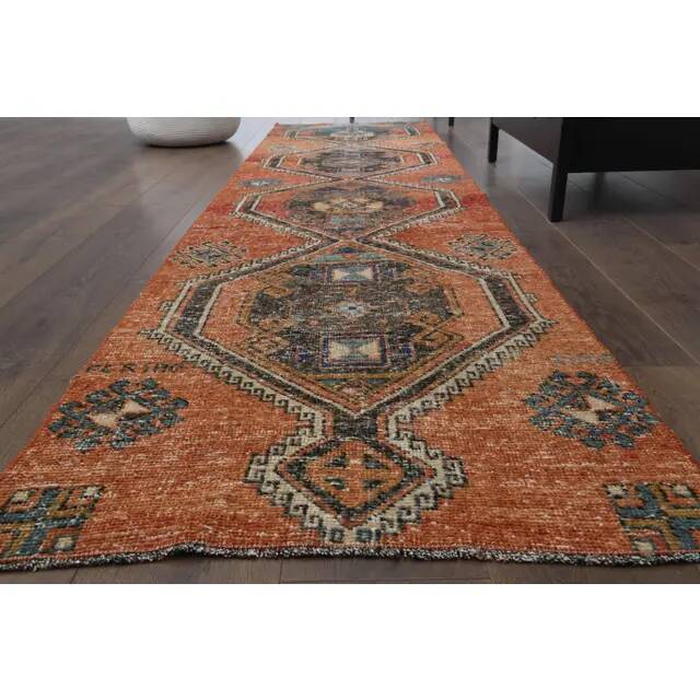 1970s vintage Turkish Oushak handmade wool cotton orange runner rug 80x320