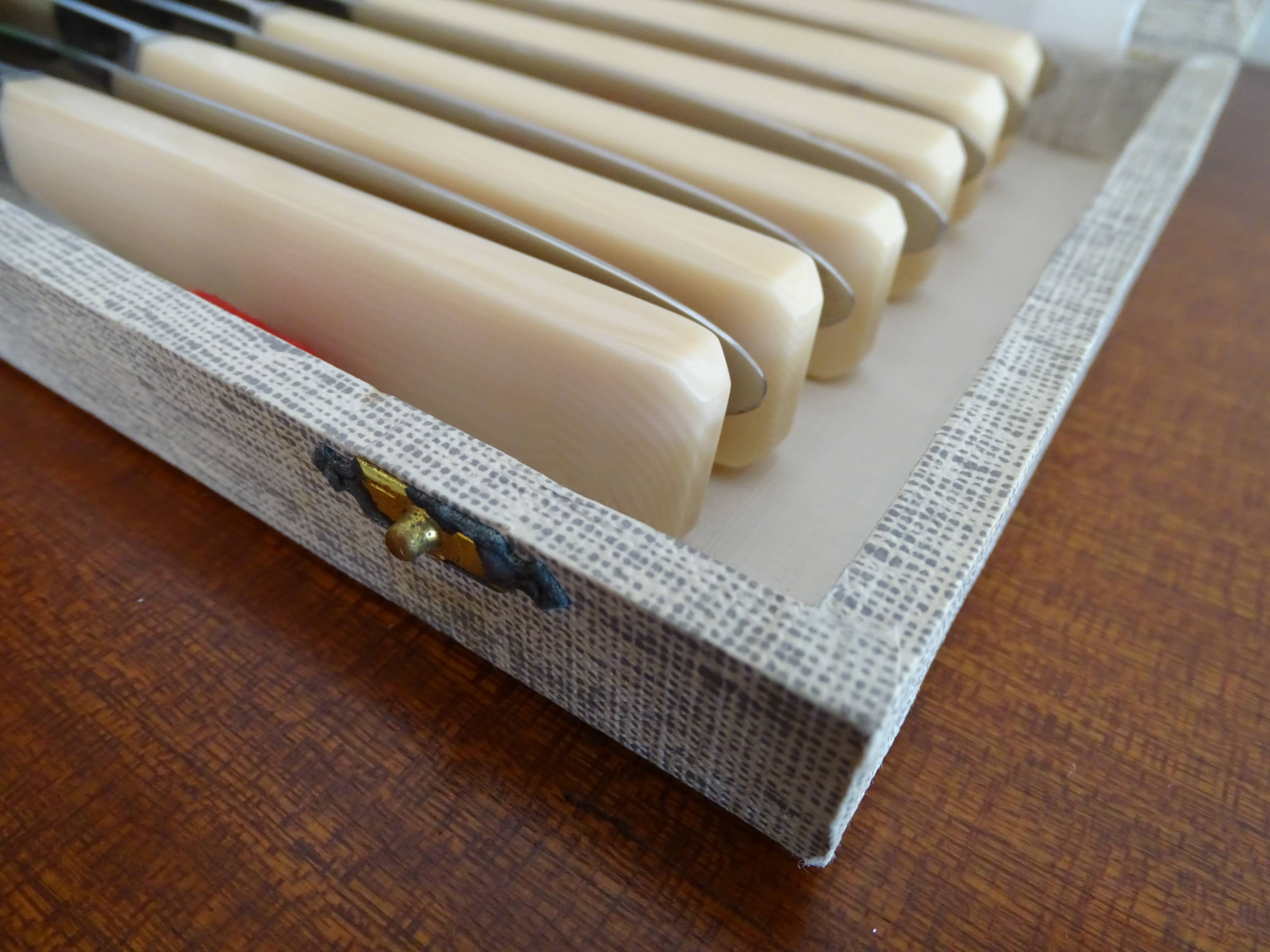 12 vintage stainless steel knives bone or bakelite sleeves in case