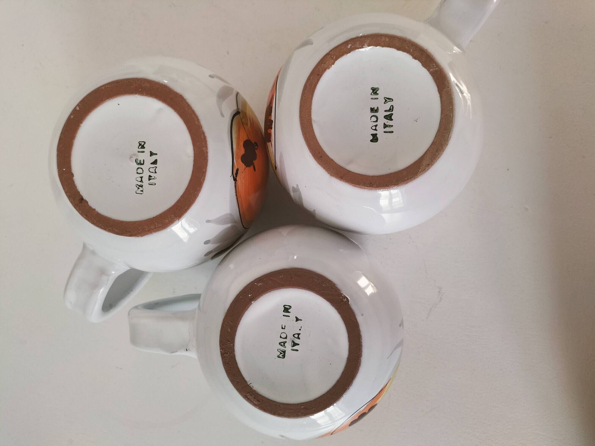 Trio of vintage Italian earthenware mugs, hand-painted – pear motif