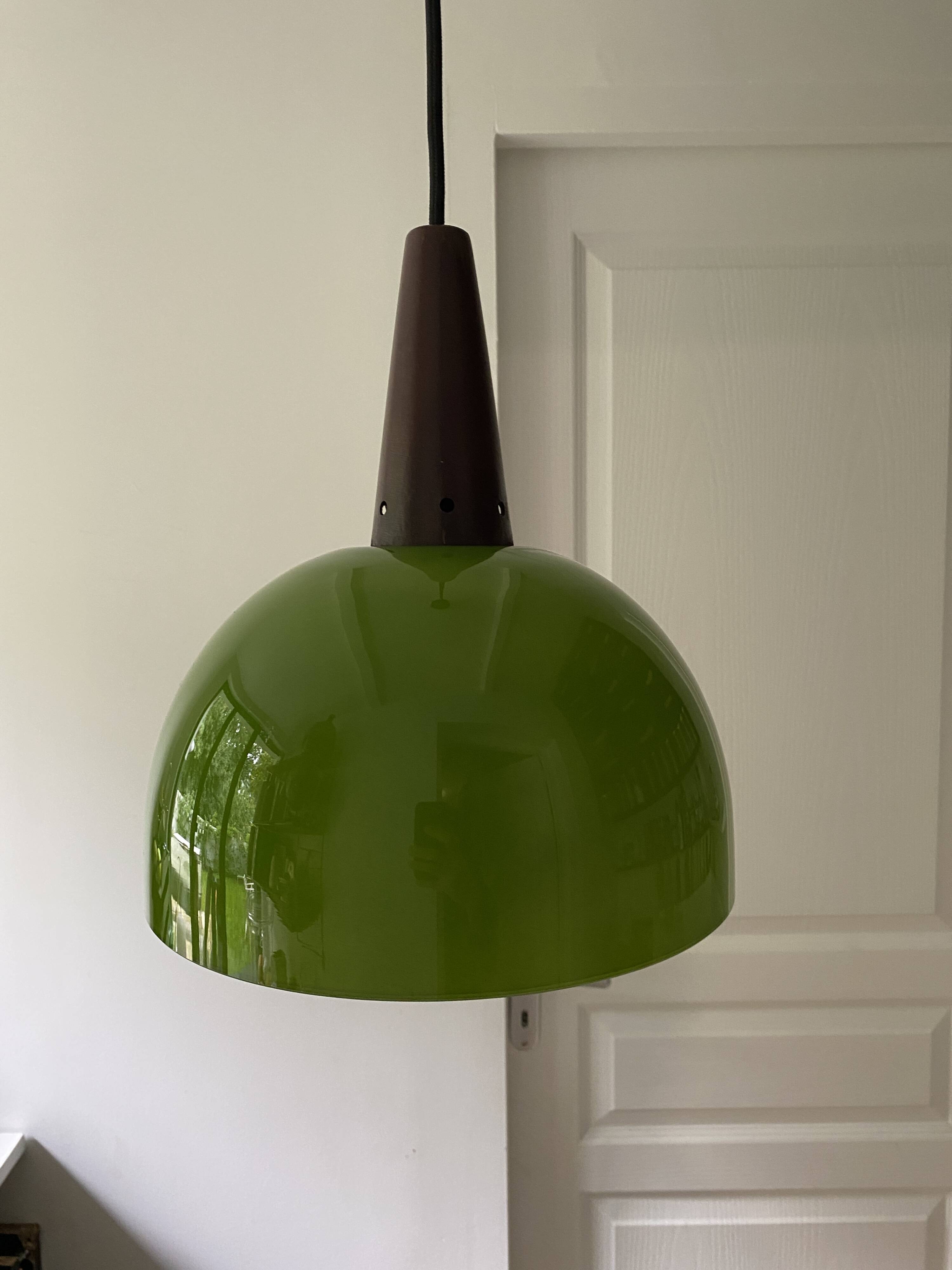 Vintage half globe pendant light in green opaline, imitation teak elements, 50s/60s