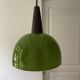 Vintage half globe pendant light in green opaline, imitation teak elements, 50s/60s