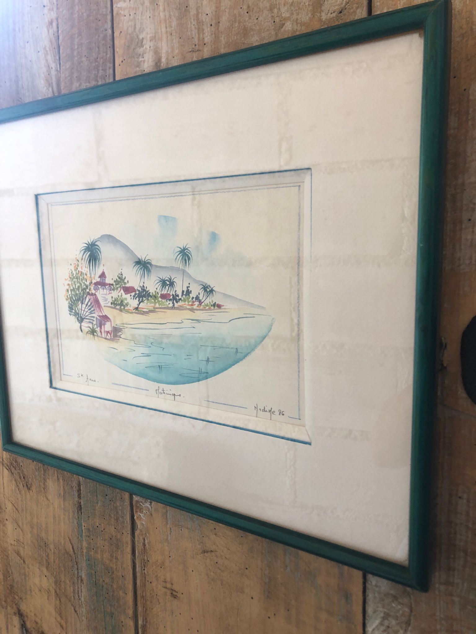 Watercolor painting nadine martinique st anne + wood frame #a224