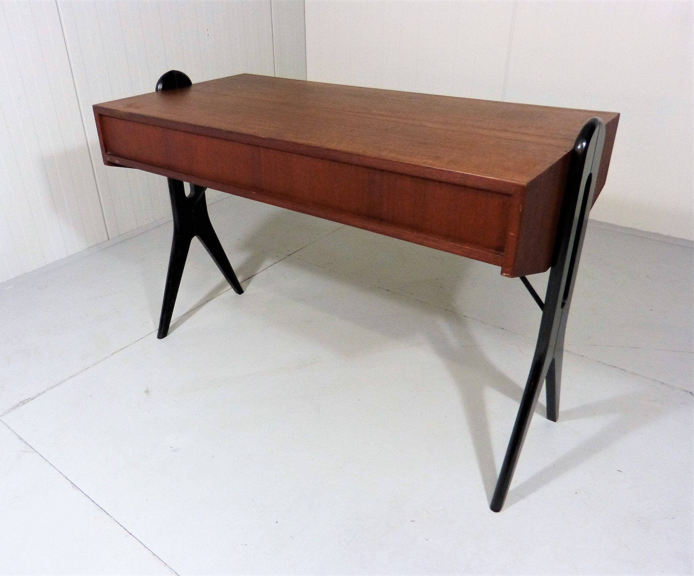 Vintage teak desk with black scissor legs 1960's