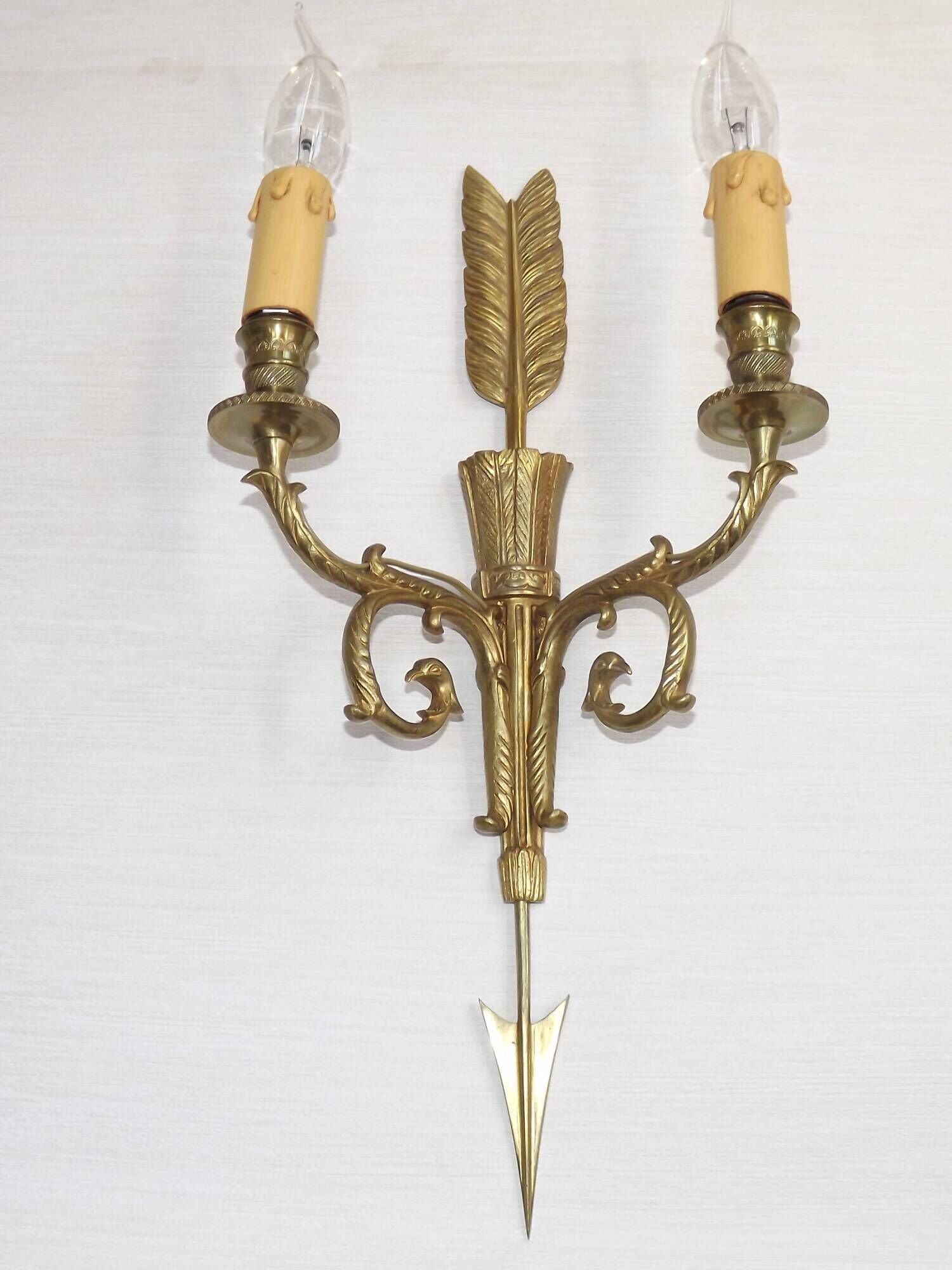 Vintage French Empire Arrow & Quiver Eagle Head Bronze Double Wall Sconces