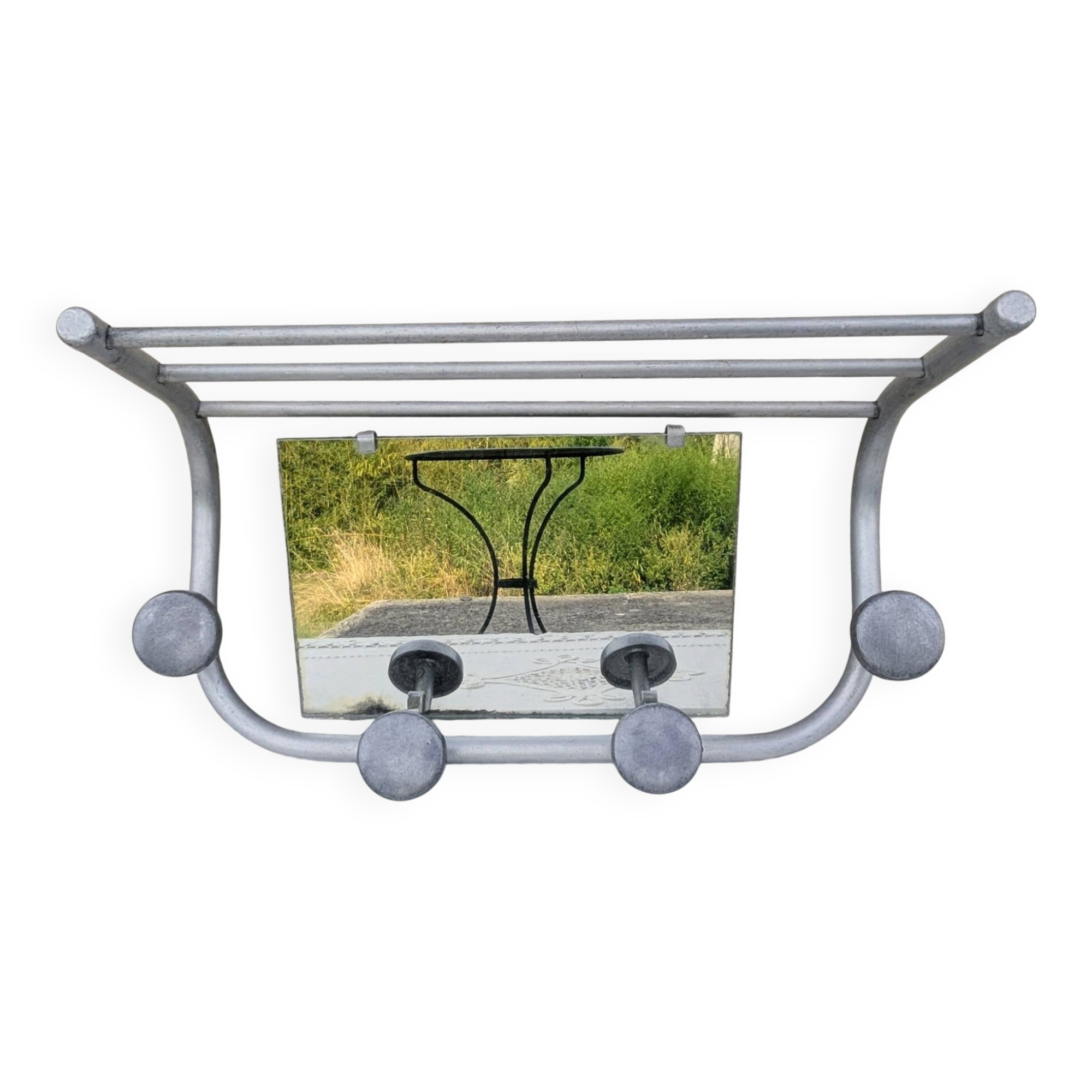 Vintage train style wall-mounted hat rack with angled mirror.