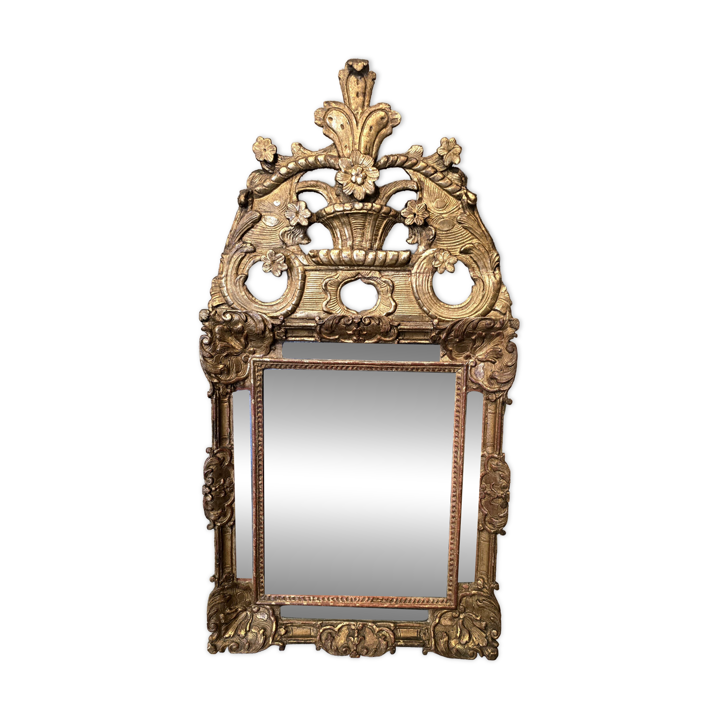 Regency period mirror with a carved and gilded wooden pediment – 18th century