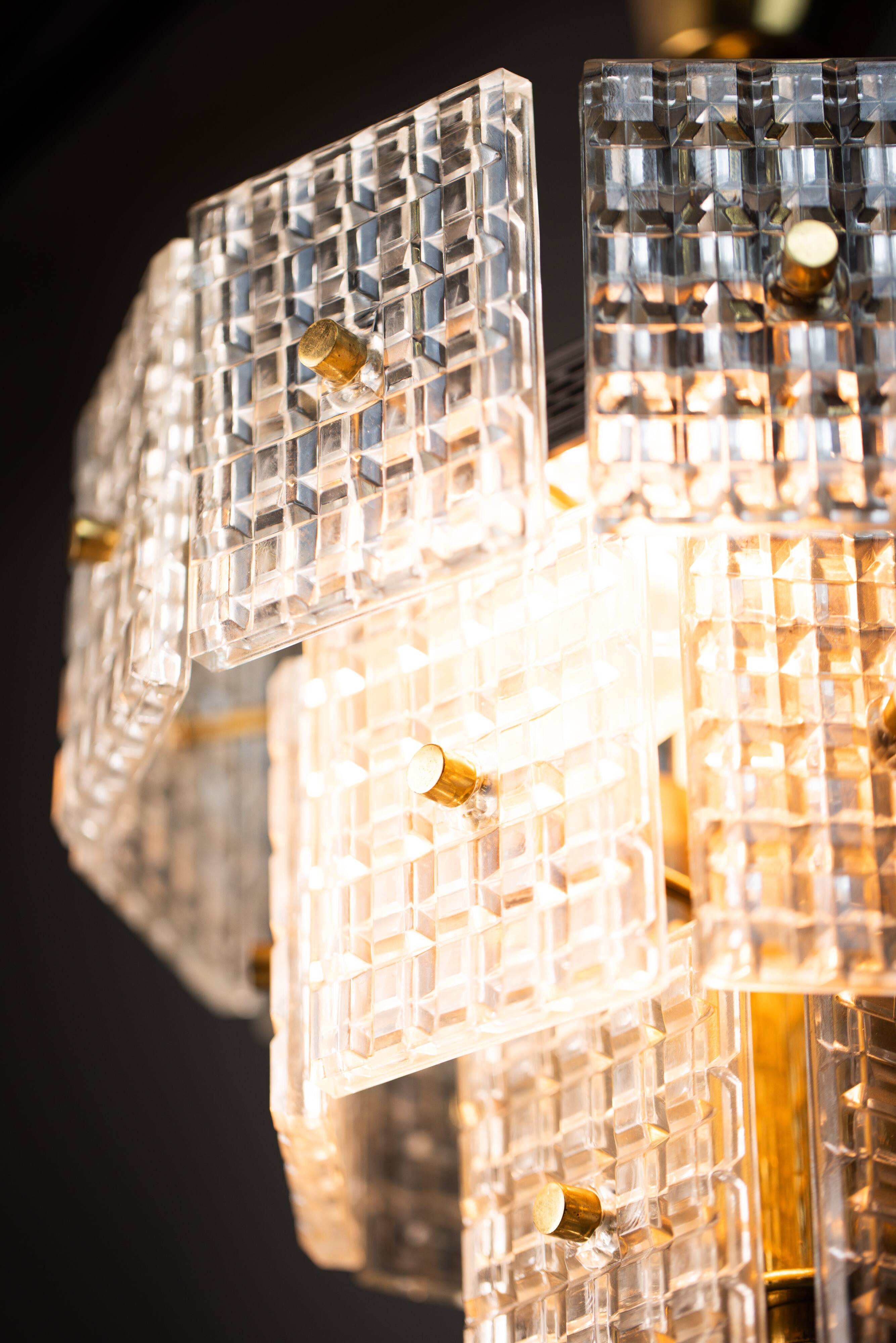 Vintage Embossed Glass Chandelier: 1970s Brass Pendant Lamp