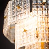 Vintage Embossed Glass Chandelier: 1970s Brass Pendant Lamp