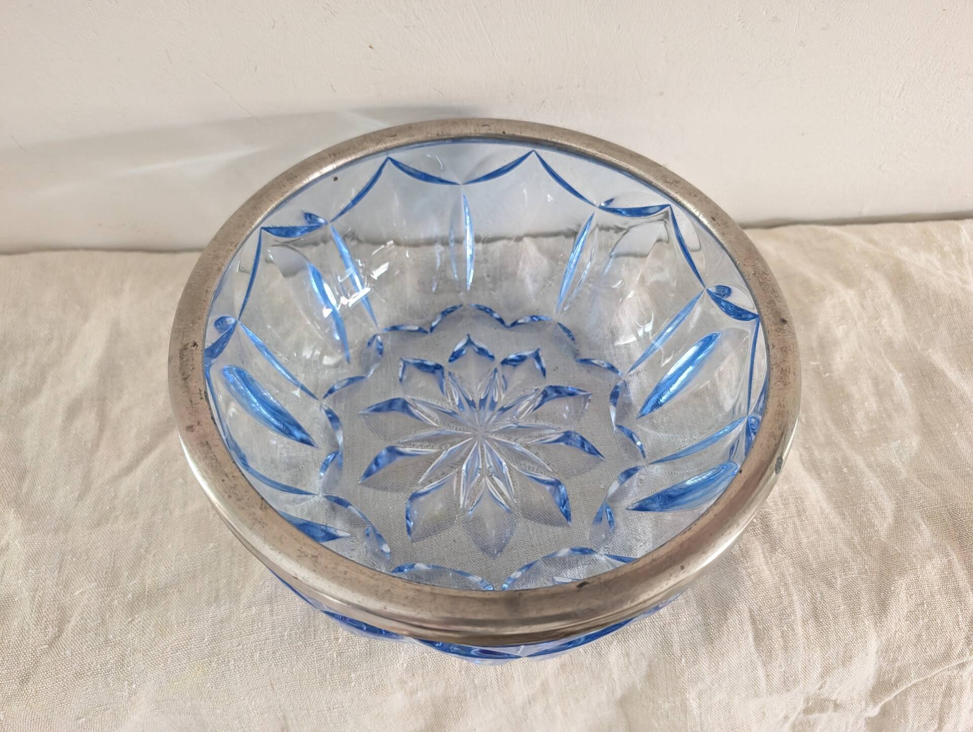 Cut blue glass bowl, silver-plated rim – 1950s-1970s