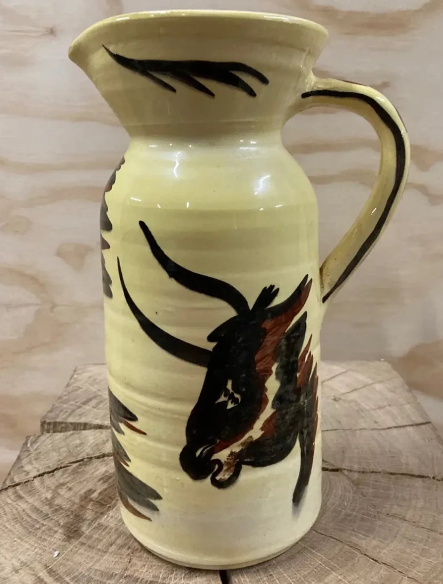 Vintage ceramic pitcher from Meyssac – Decorated with a prehistoric bull.