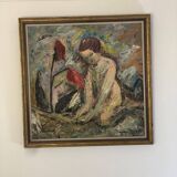 Peinture à l'huile sur panneau suédoise « Femmes abstraites et fleurs », milieu XXème
