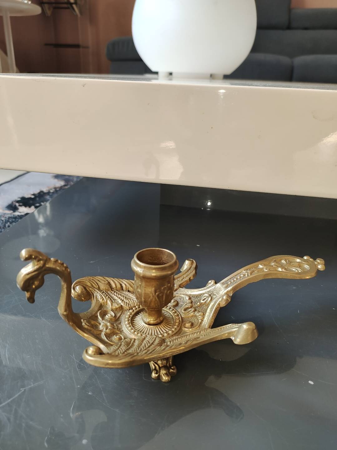 Hand-held bourgeoir/cellar rat, Phoenix/Peacock, in brass. Art Nouveau style