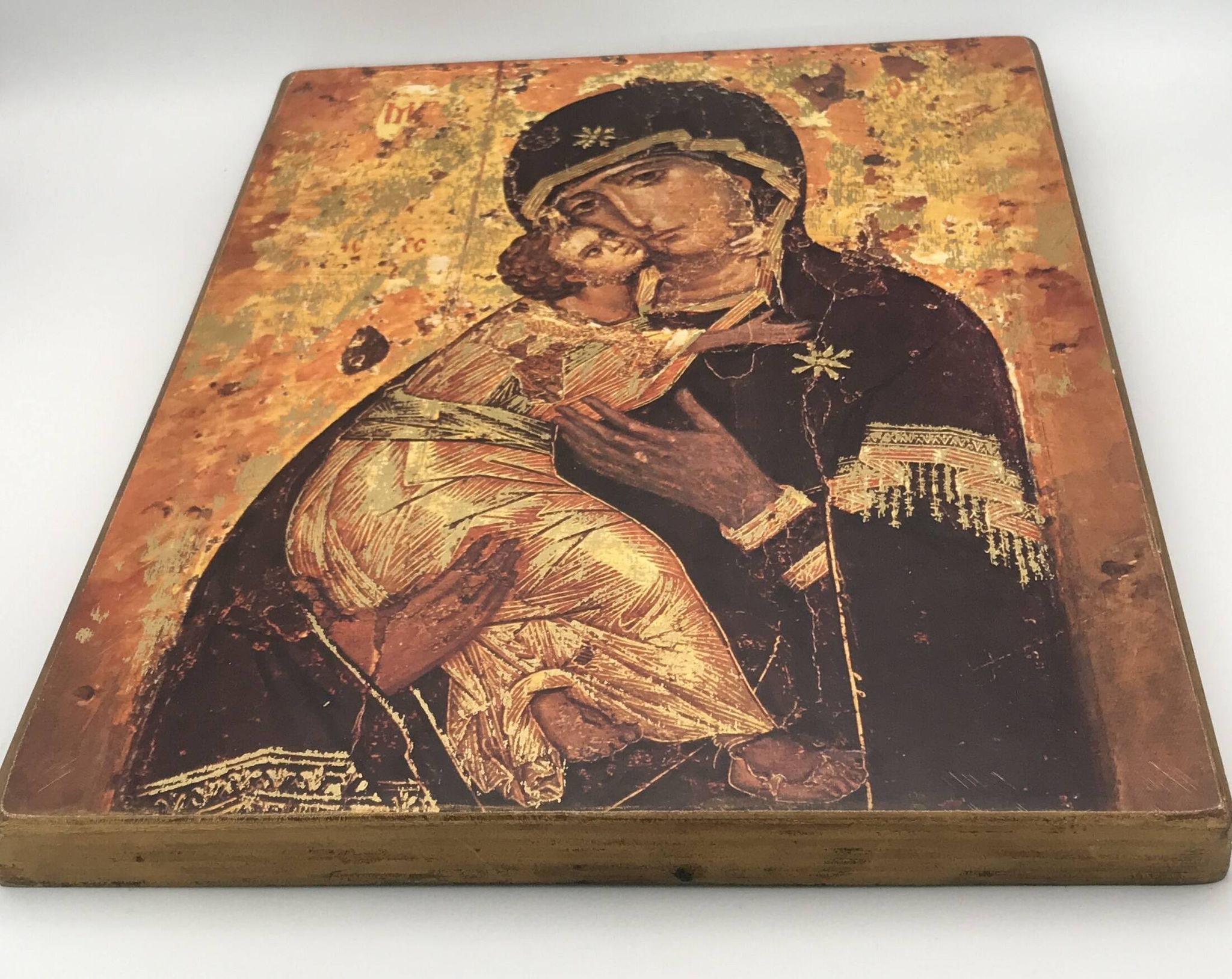 Religious ICON of the Virgin Vladimir Holy Theotokos on wooden support