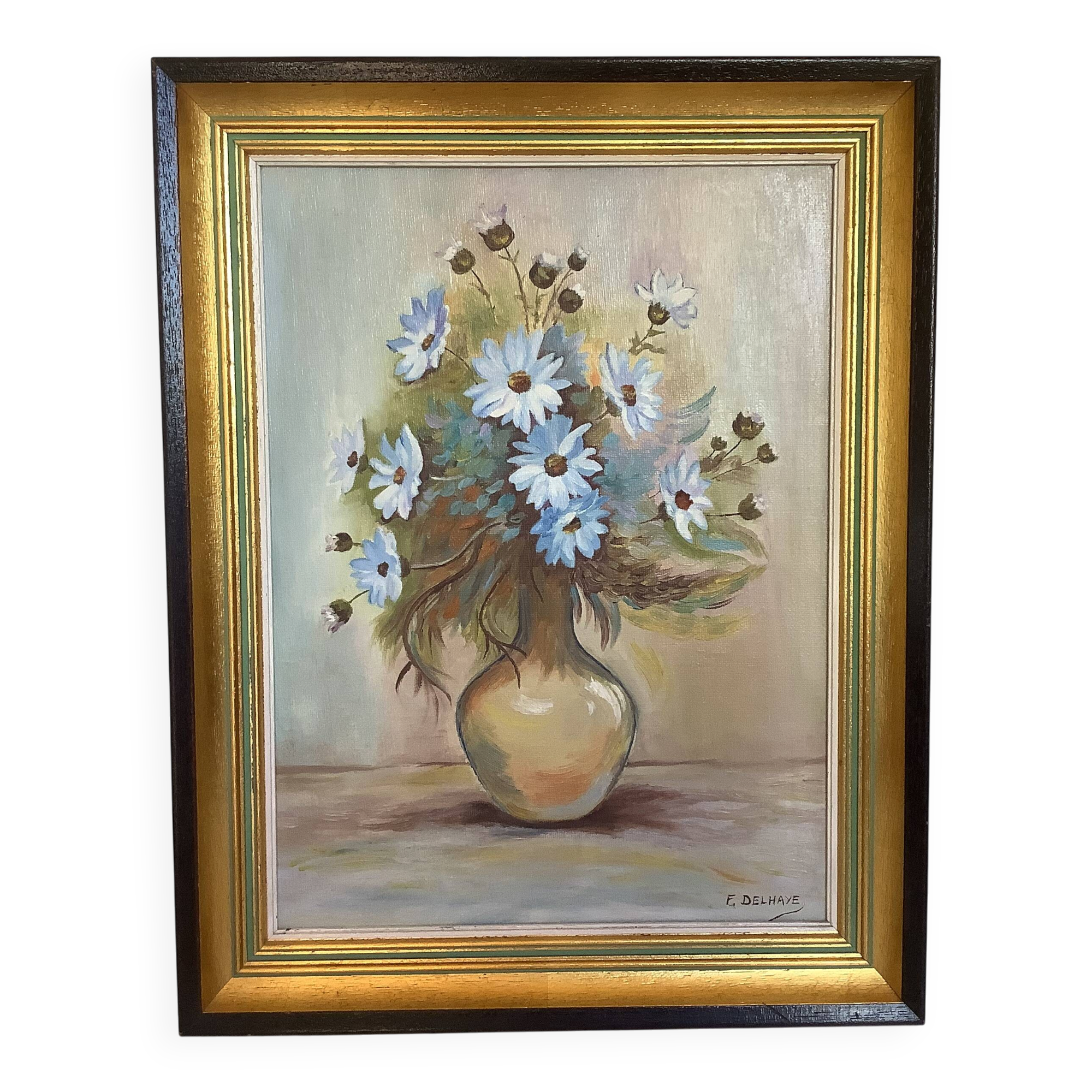 Painting of a bouquet of blue flowers, oil on canvas, signed.