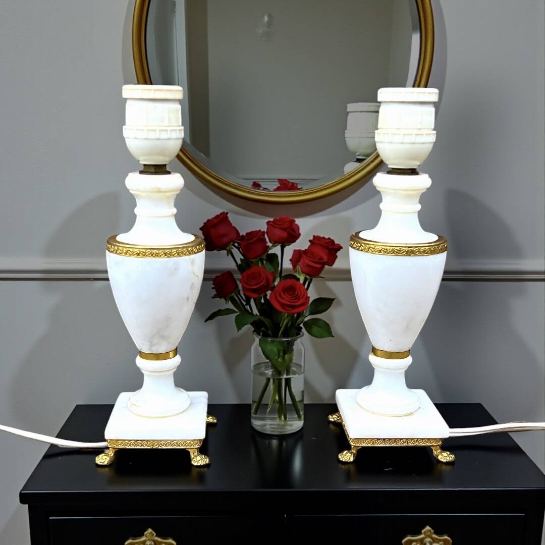 Pair of elegant antique lamp bases in alabaster and gilt brass