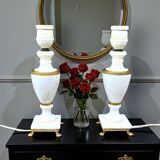 Pair of elegant antique lamp bases in alabaster and gilt brass
