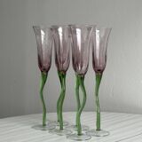Set of 6 blown glass champagne glasses, green twisted feet