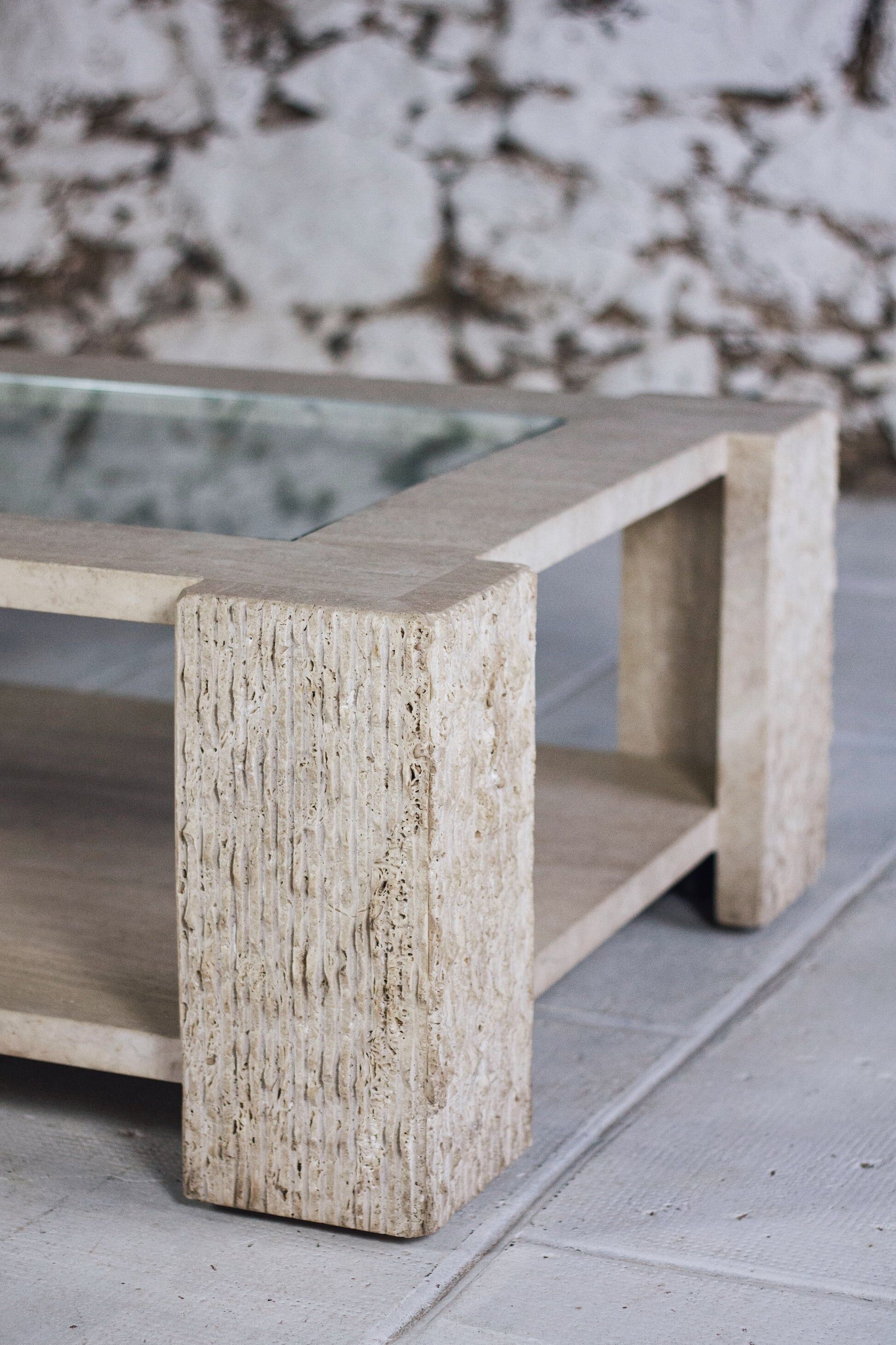 Coffee table in travertine and glass by Claude Berraldacci