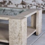 Coffee table in travertine and glass by Claude Berraldacci