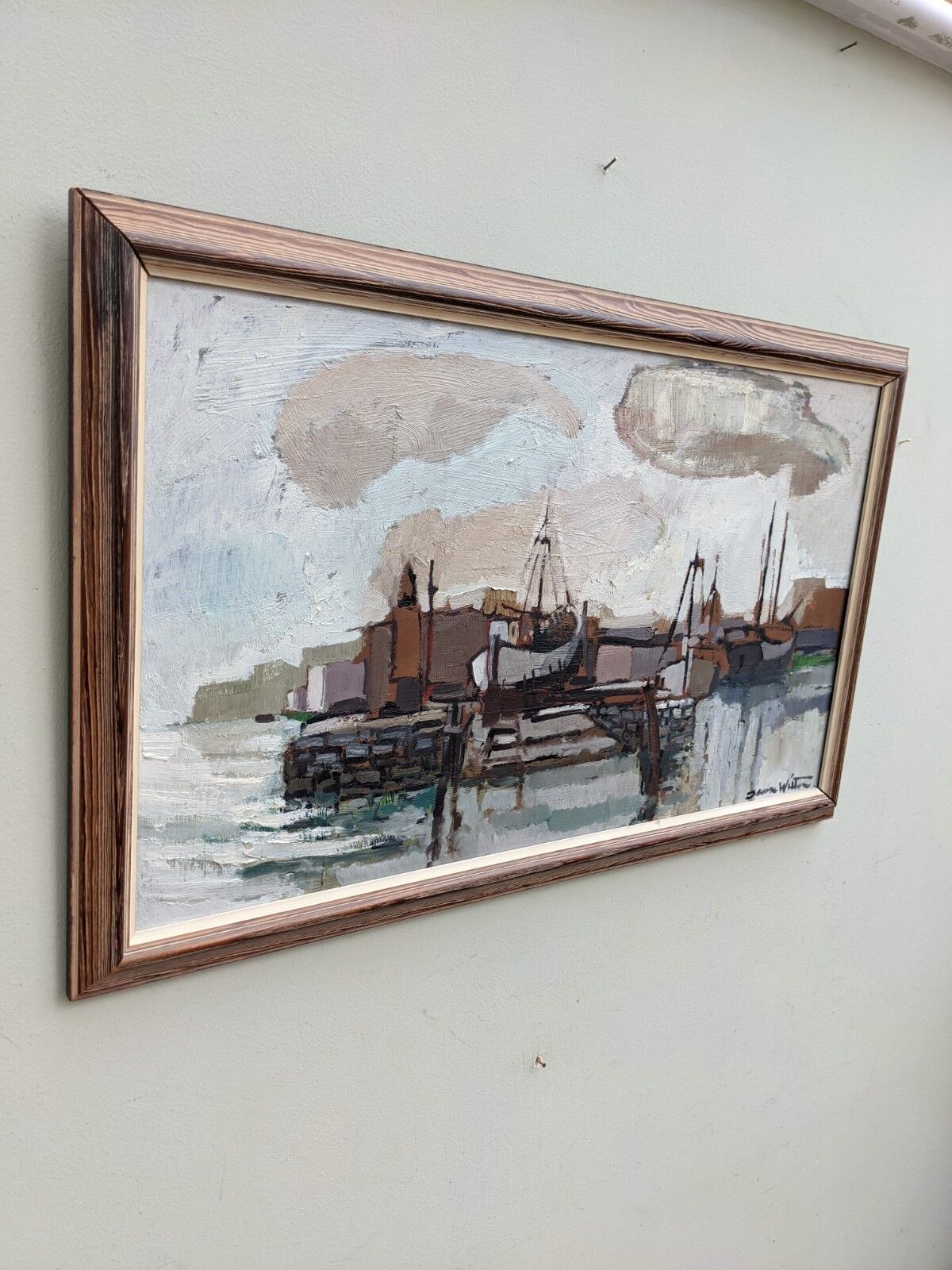 Mid-Century Modern "Out at Sea" Swedish Vintage Coastal Landscape Oil Painting, Framed