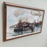 Mid-Century Modern "Out at Sea" Swedish Vintage Coastal Landscape Oil Painting, Framed