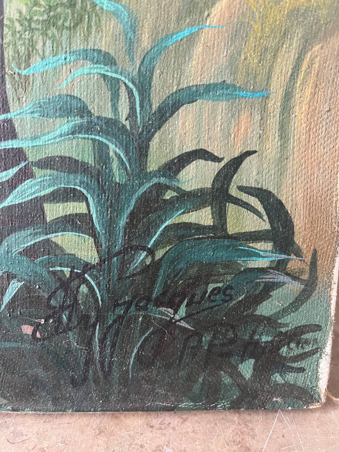 Soldiers and horses lost in the forest, signed