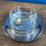 Antique silver-plated metal and glass sugar bowl with spoon