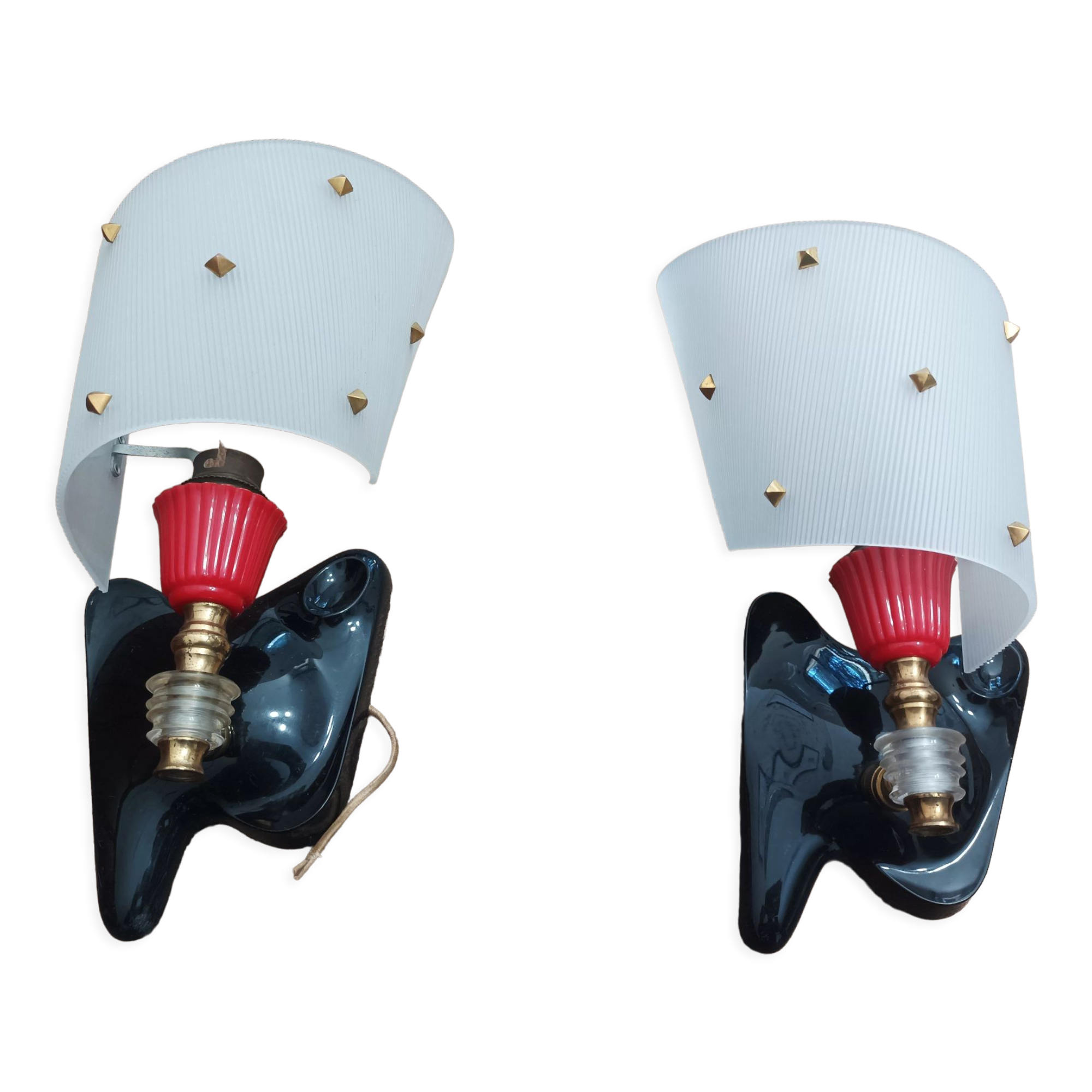 Pair of vintage wall lights Rockabilly 1950s brass, black and red Set of Two