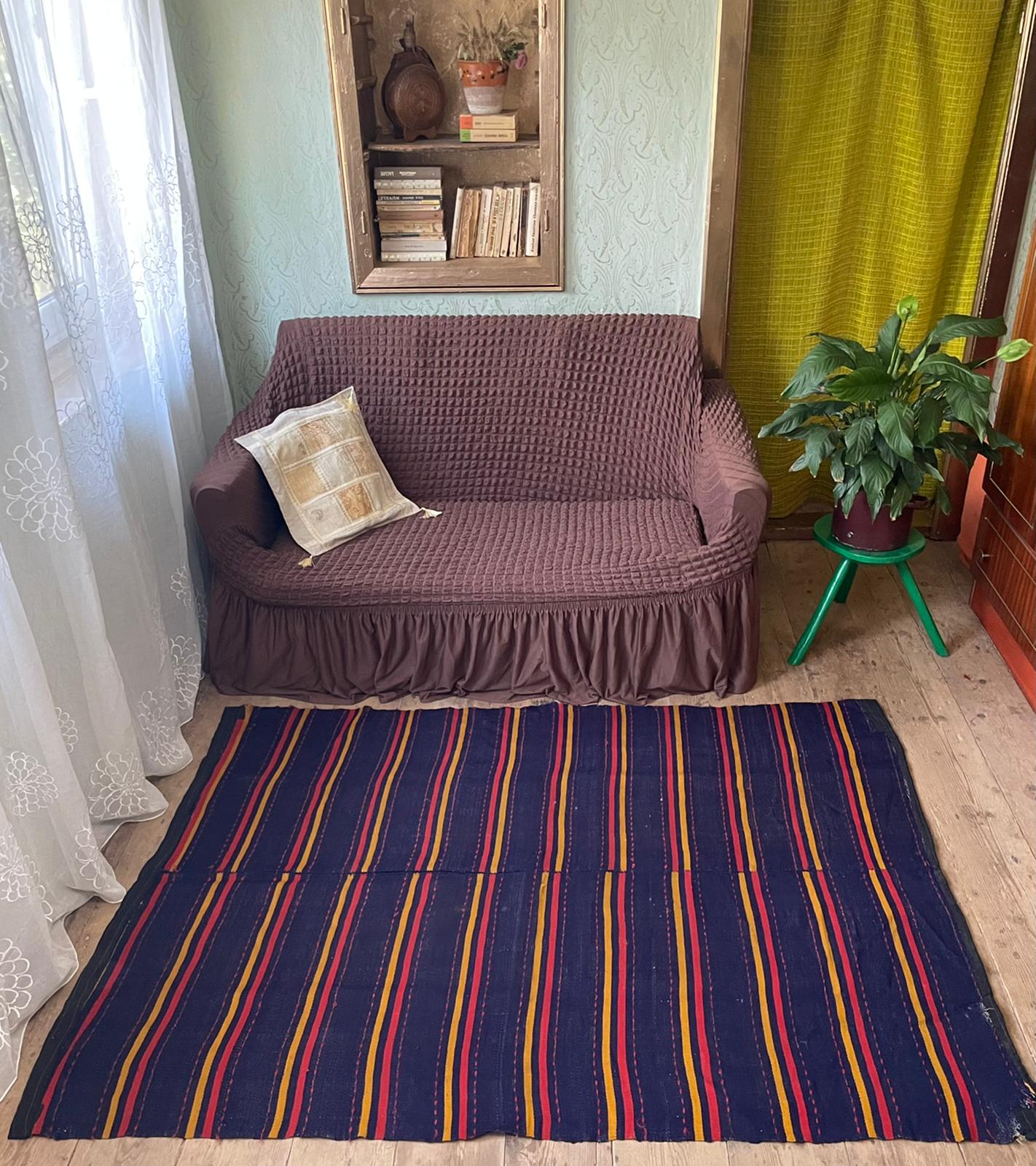 Romanian rug handwoven in wool, purple background with red and yellow stripes 183x133cm