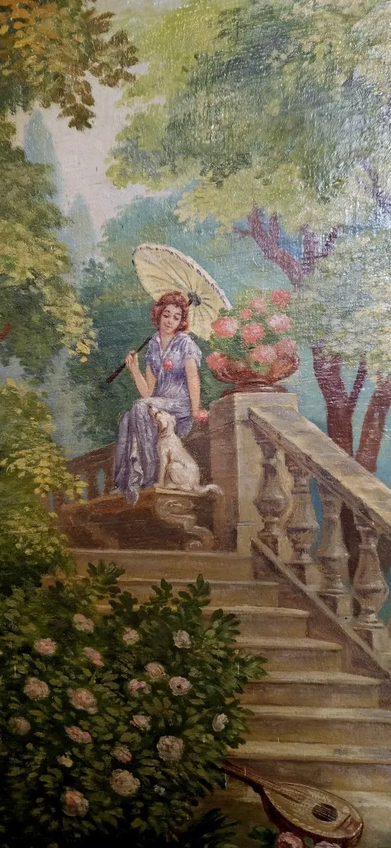 Tableau huile sur toile représentant une scène romantique