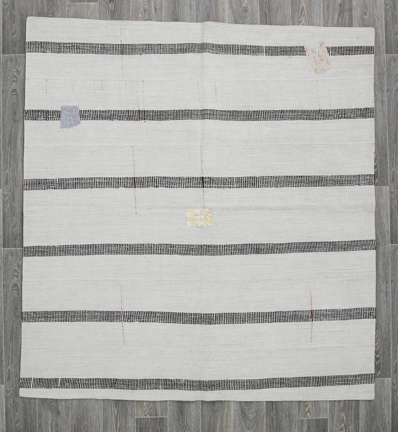 6x6 Square White & Black Vintage Kilim Rug, 187x195Cm