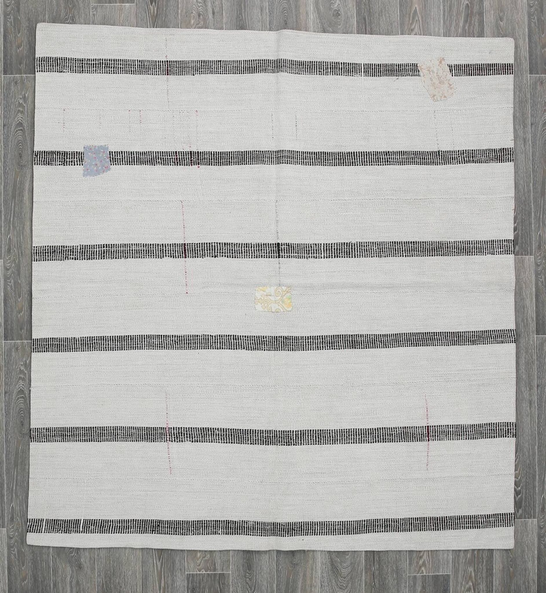 6x6 Square White & Black Vintage Kilim Rug, 187x195Cm
