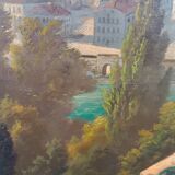Grande peinture à l'huile sur toile d'une vue de Salzbourg du 19ème siècle