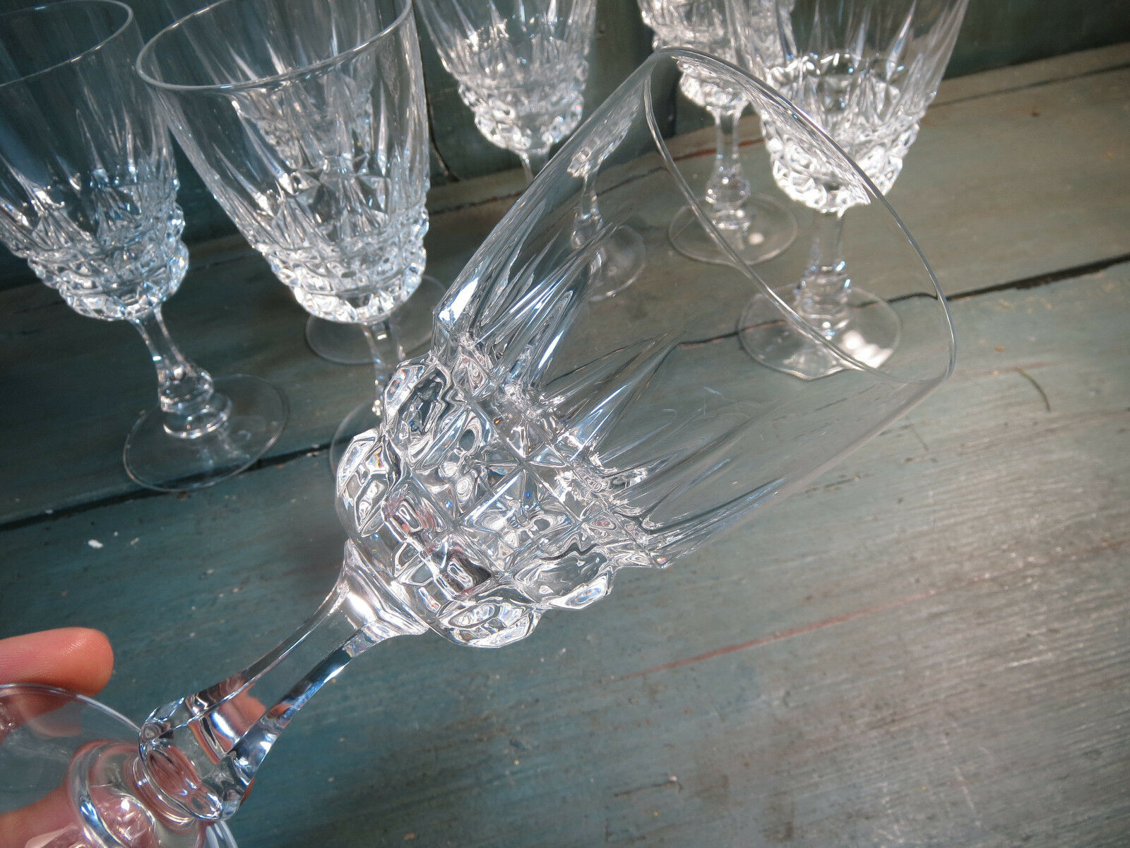 Set of 7 large old crystal water glass glasses