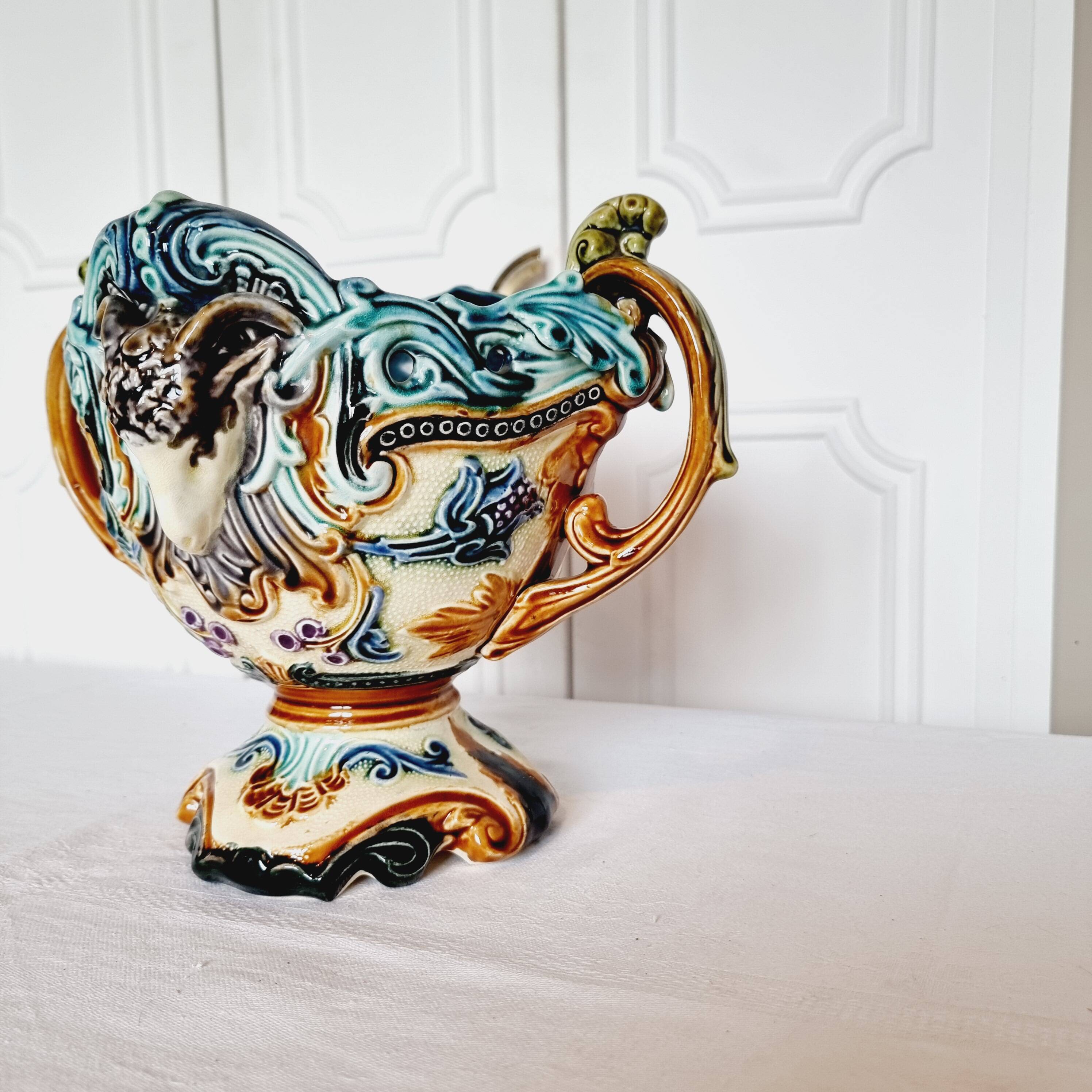 Vase Jardiniere Glass Planter from 1900 Antique Majolica Onnaing Barbonite Collection