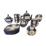 Art deco tea set in cream and blue faience signed. HB de la Hubaudière, Quimper. Around 1930