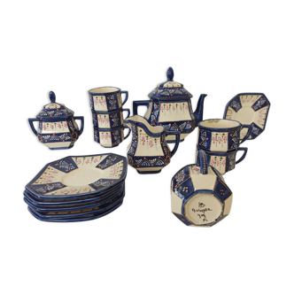 Art deco tea set in cream and blue faience signed. HB de la Hubaudière, Quimper. Around 1930