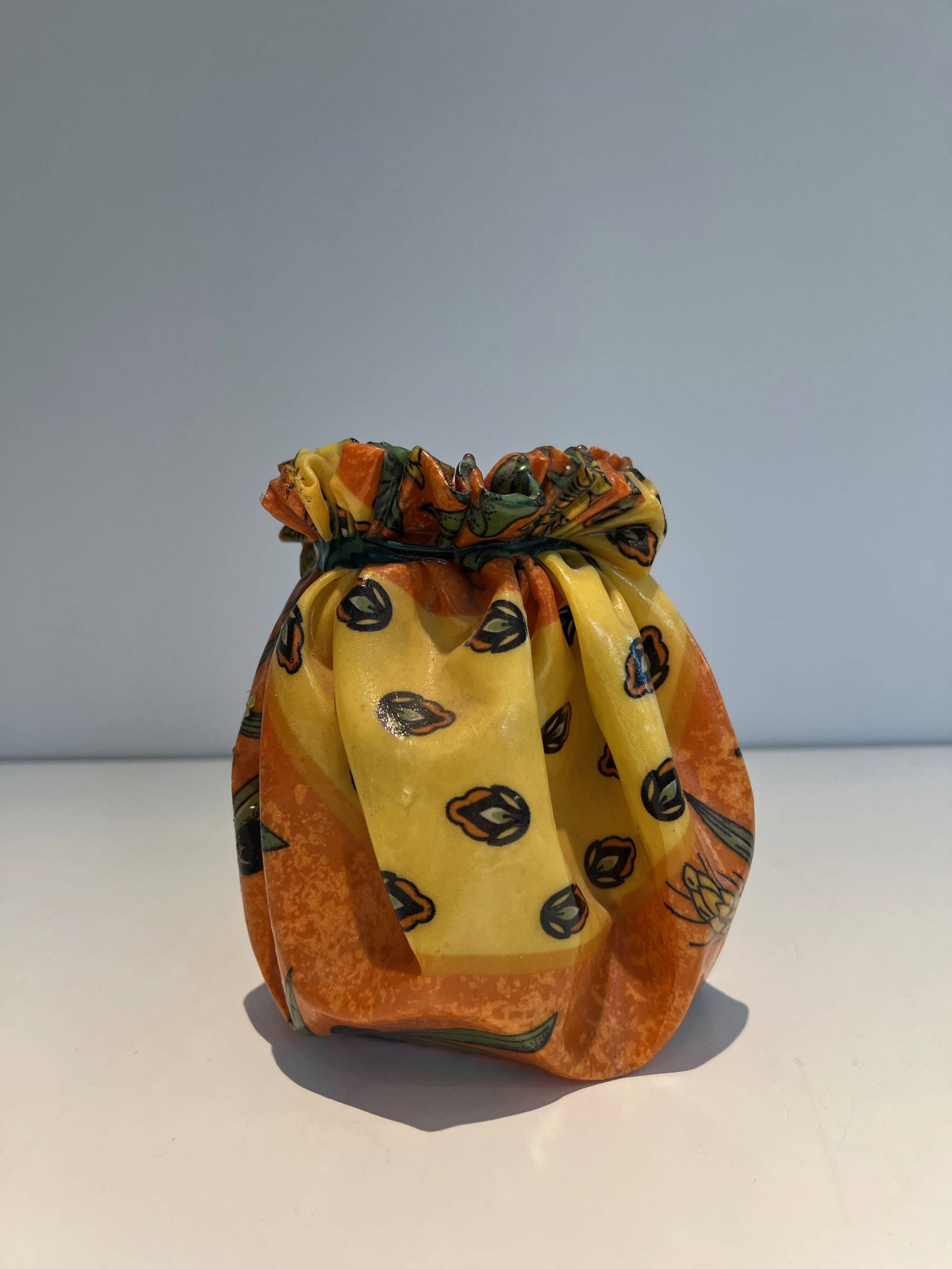 Trompe-l'Œil Ceramic Vase in the Shape of a Knotted Bag with Floral Decoration. Work
