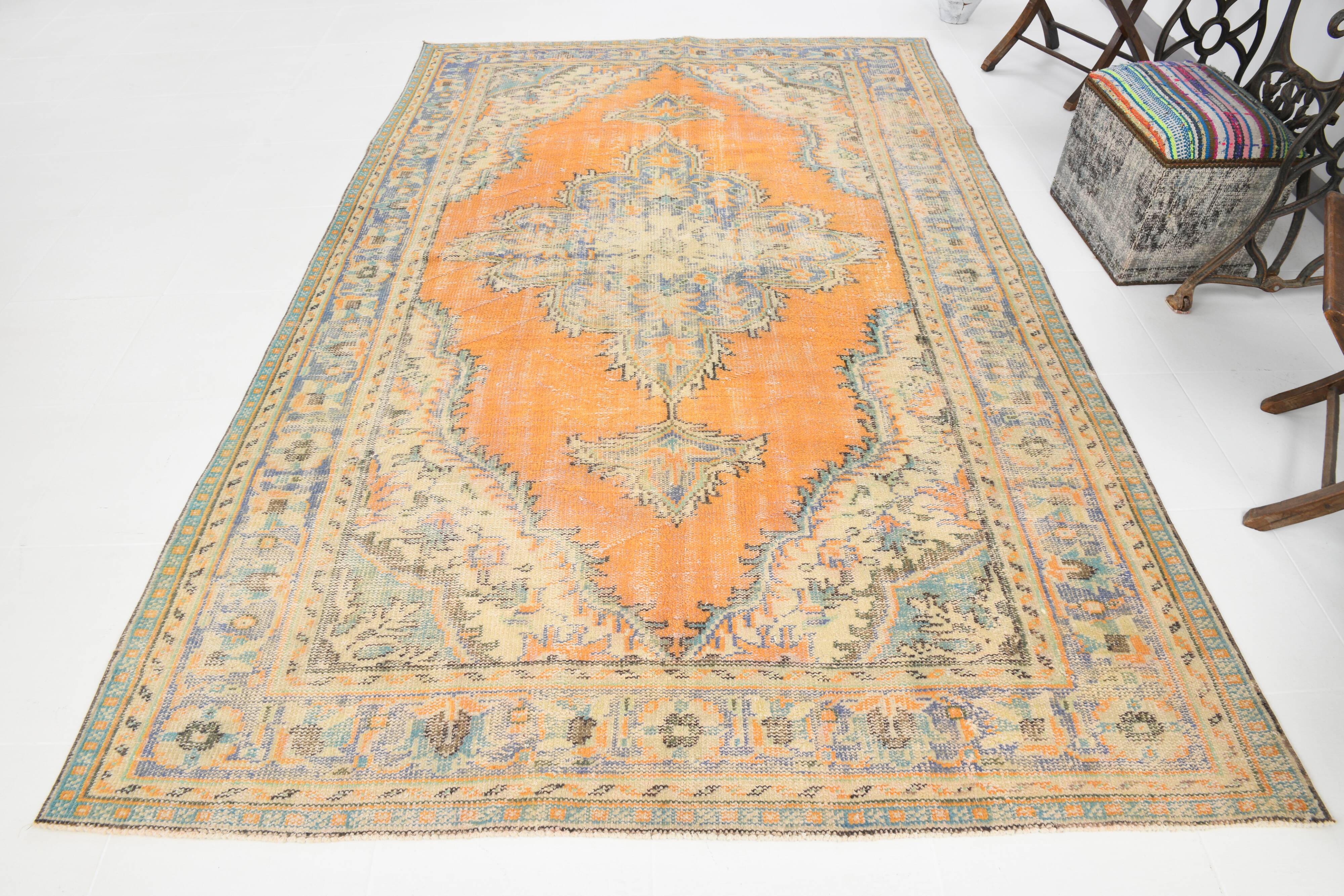 Medallion orange wool rug, beige orange vintage turkish rug 6x10 ft