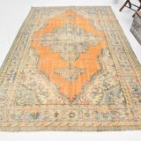 Medallion orange wool rug, beige orange vintage turkish rug 6x10 ft