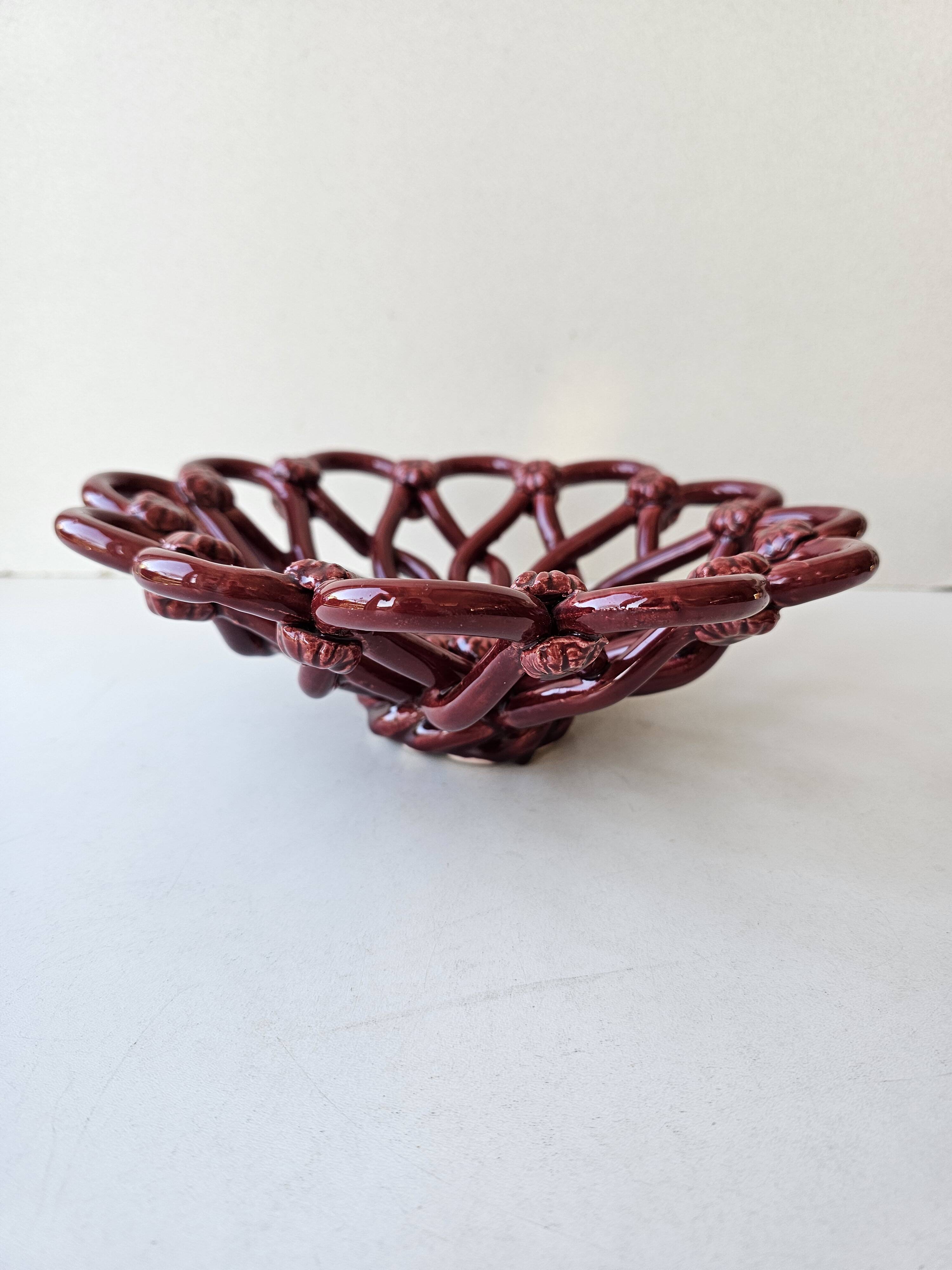 Vintage woven ceramic fruit bowl Barbotine Vallauris Mass style