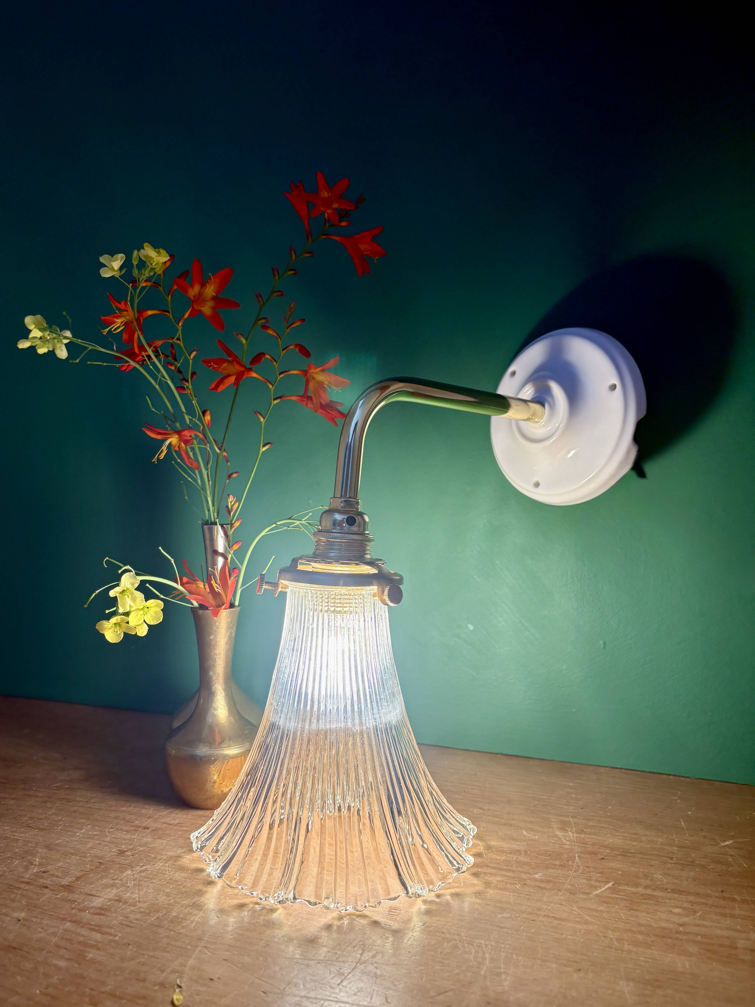 Vintage tulip angled wall light in holophane glass