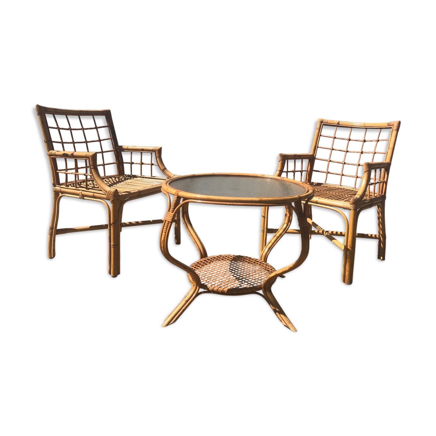 Ensemble de 2 chaises et table en rotin