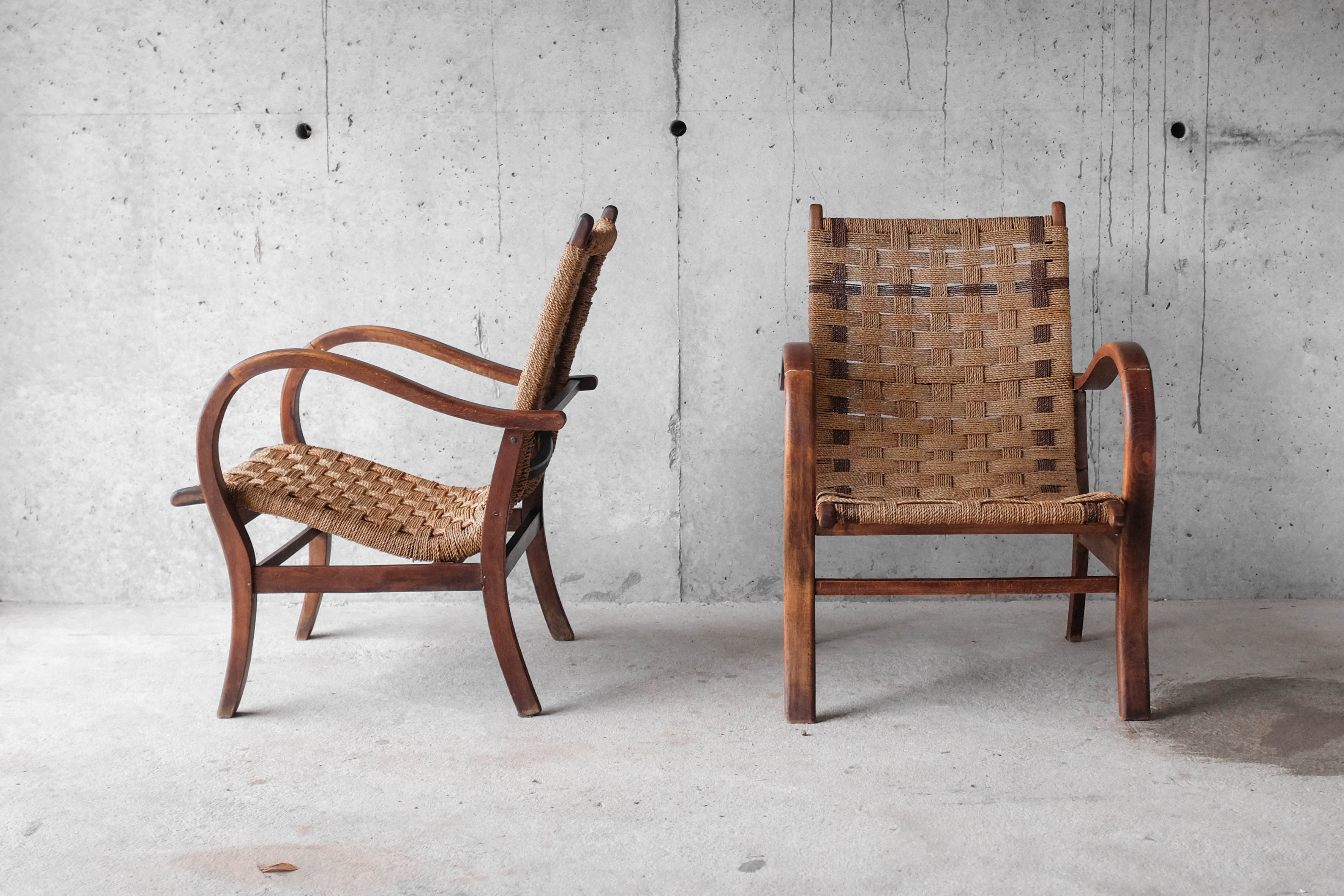 Pair of Vroom & Dreesman braided rope chairs, Netherlands, 1960s