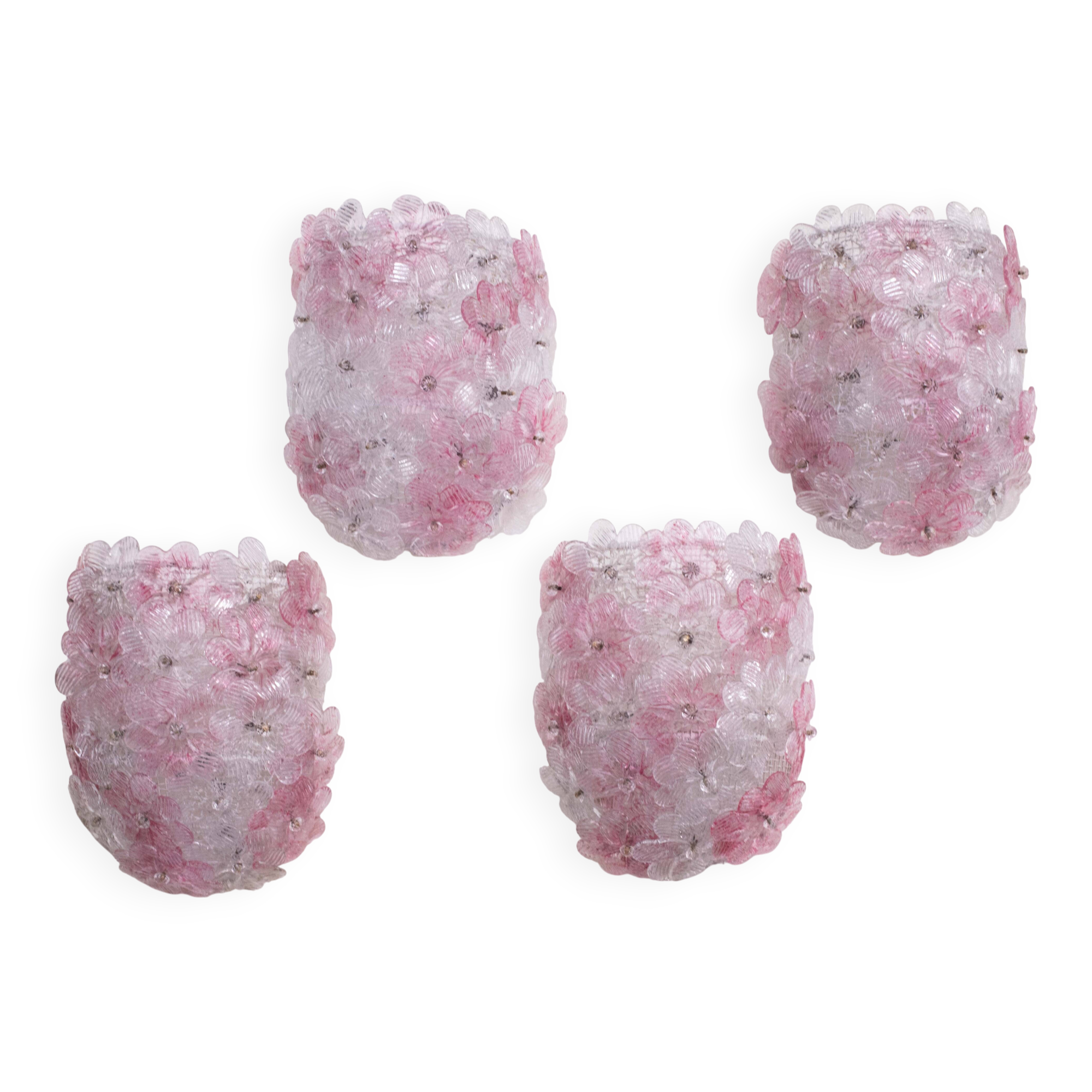 Set of 4 Murano Wall Light Pink Flower by Seguso, 1970