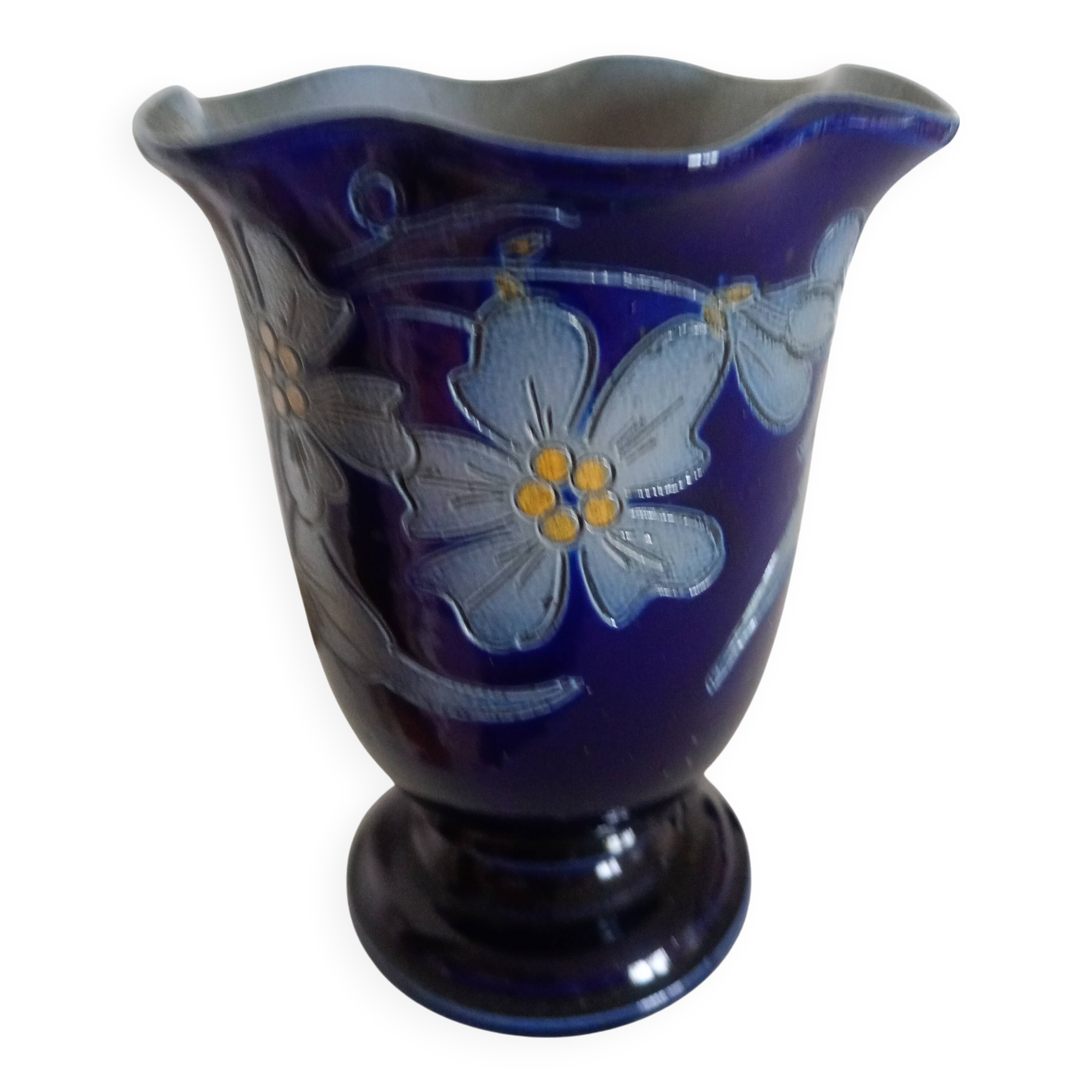 Betschdorf Schmitter Alsace stoneware, cobalt - Corolla vase with flowers