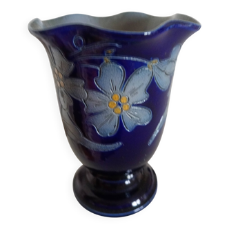 Betschdorf Schmitter grès d'Alsace, cobalt  - Vase corolle aux fleurs